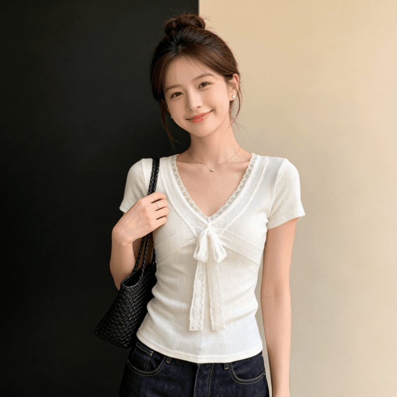 한 부서 순수한 욕망 바람 화이트 V넥 반팔 티셔츠 여성 여름 레이스 조각 스트랩 몸매 가꾸기 슬림해 보이는 달콤함 맨위 트렌디 상세 이미지 2