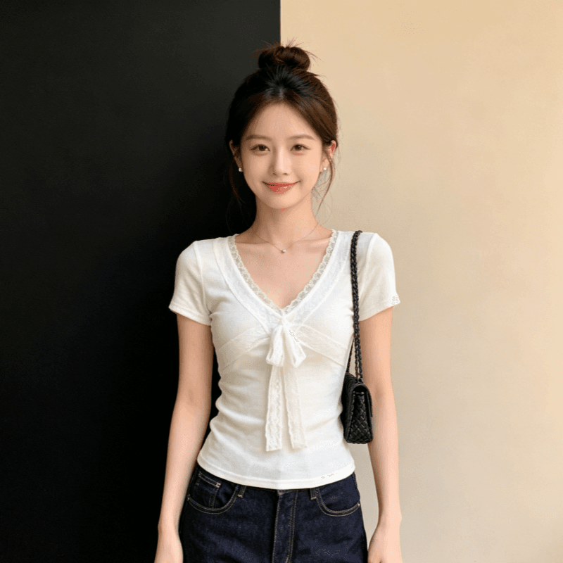 한 부서 순수한 욕망 바람 화이트 V넥 반팔 티셔츠 여성 여름 레이스 조각 스트랩 몸매 가꾸기 슬림해 보이는 달콤함 맨위 트렌디 상세 이미지 3