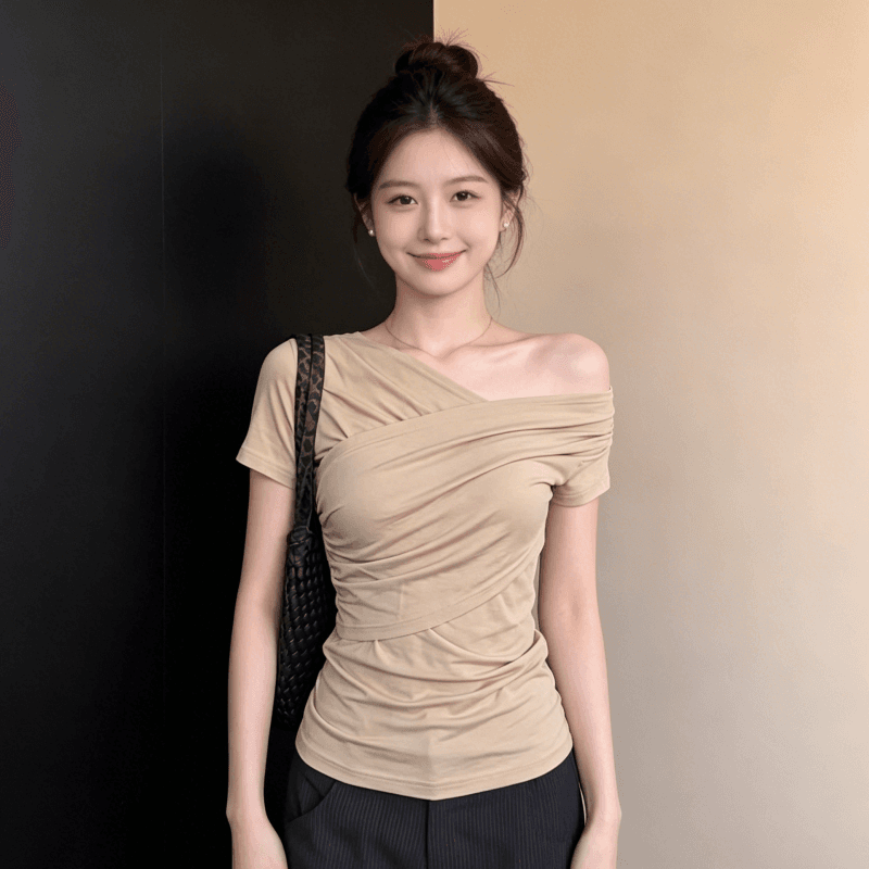 원본 품질 한 부서 비스듬한 어깨 반팔 티셔츠 여름 빅 사이즈 허리 수축 몸매 가꾸기 슬림해 보이는 오프숄더 작은 대중 맨위 이미지 3