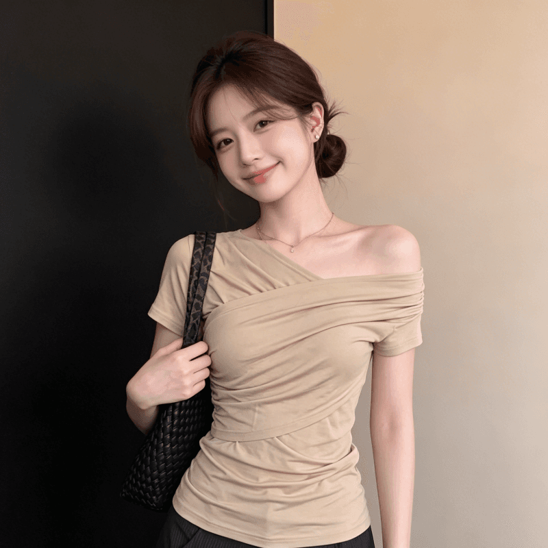 원본 품질 한 부서 비스듬한 어깨 반팔 티셔츠 여름 빅 사이즈 허리 수축 몸매 가꾸기 슬림해 보이는 오프숄더 작은 대중 맨위