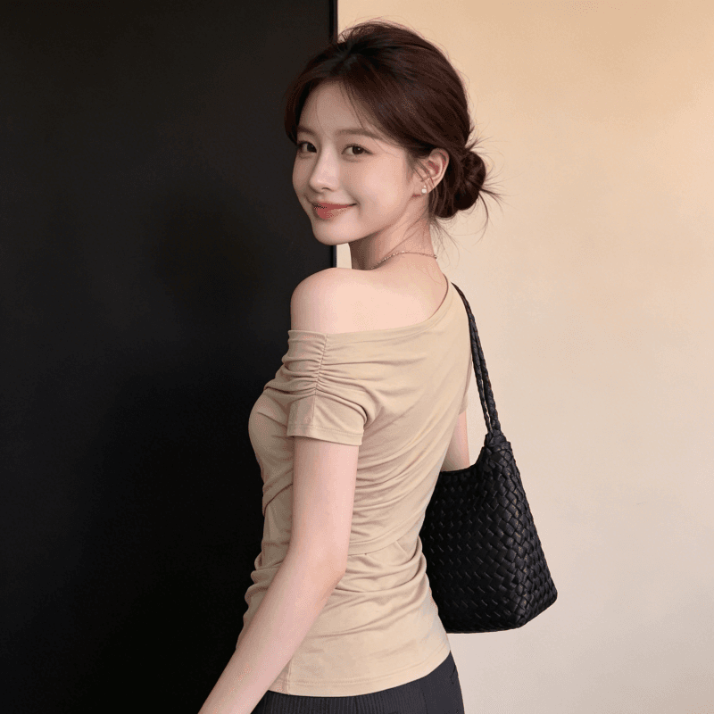 원본 품질 한 부서 비스듬한 어깨 반팔 티셔츠 여름 빅 사이즈 허리 수축 몸매 가꾸기 슬림해 보이는 오프숄더 작은 대중 맨위 이미지 4