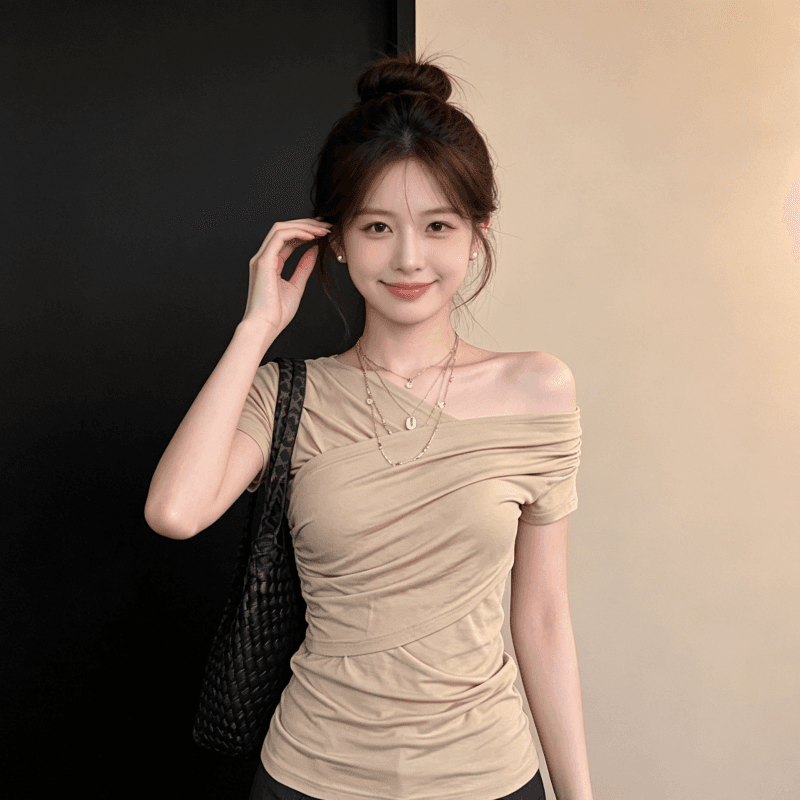 원본 품질 한 부서 비스듬한 어깨 반팔 티셔츠 여름 빅 사이즈 허리 수축 몸매 가꾸기 슬림해 보이는 오프숄더 작은 대중 맨위 이미지 5