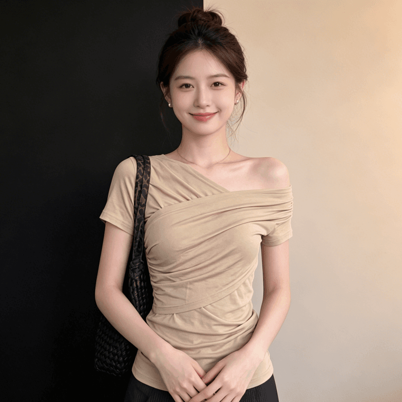 원본 품질 한 부서 비스듬한 어깨 반팔 티셔츠 여름 빅 사이즈 허리 수축 몸매 가꾸기 슬림해 보이는 오프숄더 작은 대중 맨위 상세 이미지 7
