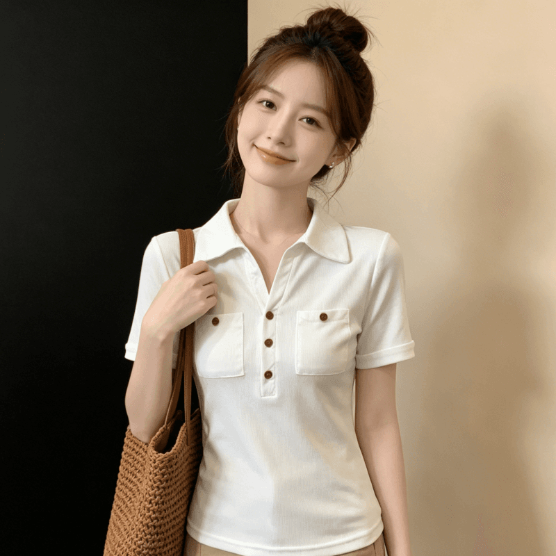 화이트 POLO 칼라 긍정적 인 어깨 반팔 티셔츠 여성 여름 새로운 몸매 가꾸기 슬림해 보이는 다용도 디자인 센스 주머니 맨위 이미지 3