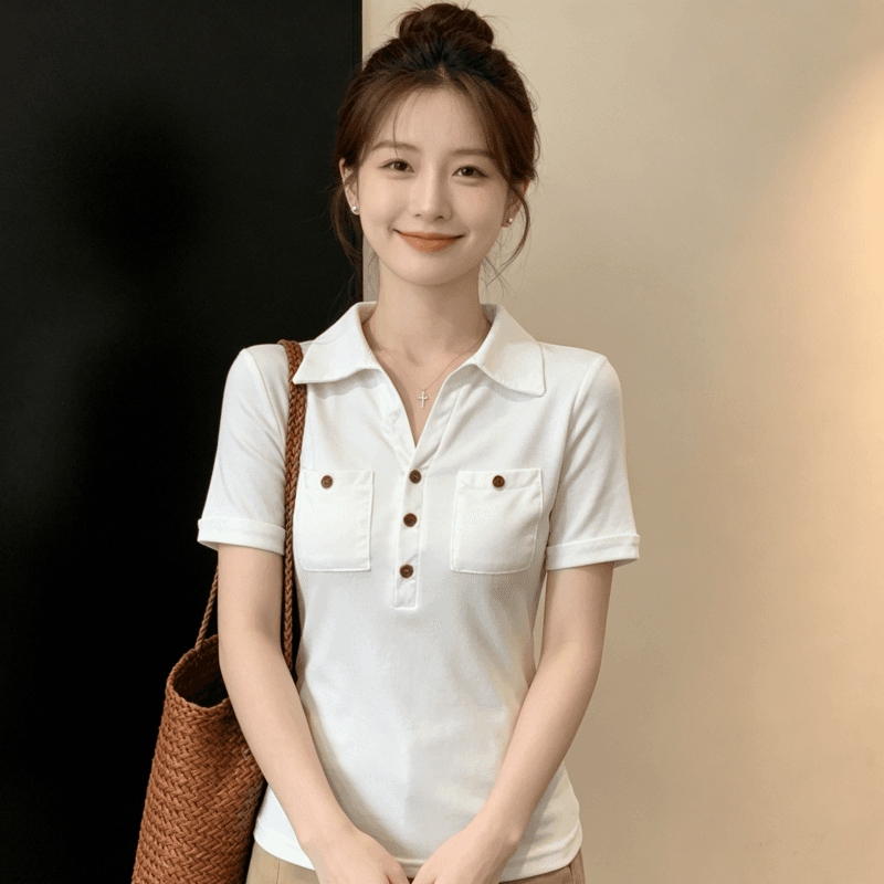 화이트 POLO 칼라 긍정적 인 어깨 반팔 티셔츠 여성 여름 새로운 몸매 가꾸기 슬림해 보이는 다용도 디자인 센스 주머니 맨위 이미지 5