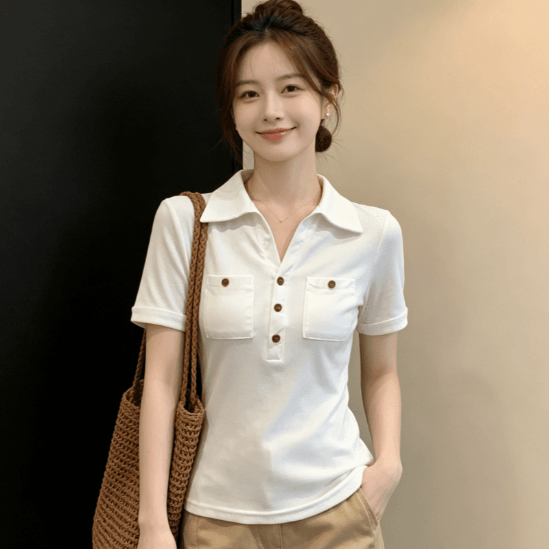 화이트 POLO 칼라 긍정적 인 어깨 반팔 티셔츠 여성 여름 새로운 몸매 가꾸기 슬림해 보이는 다용도 디자인 센스 주머니 맨위