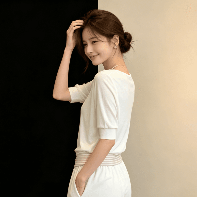 한 부서 느긋한 바람 투피스 세트 V넥 중간 소매 티셔츠 여성 여름 새로운 캐주얼 다용도 슬림해 보이는 자외선 차단 블라우스 맨위 상세 이미지 3
