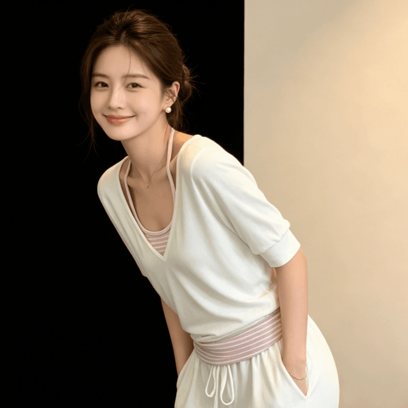 한 부서 느긋한 바람 투피스 세트 V넥 중간 소매 티셔츠 여성 여름 새로운 캐주얼 다용도 슬림해 보이는 자외선 차단 블라우스 맨위 상세 이미지 4