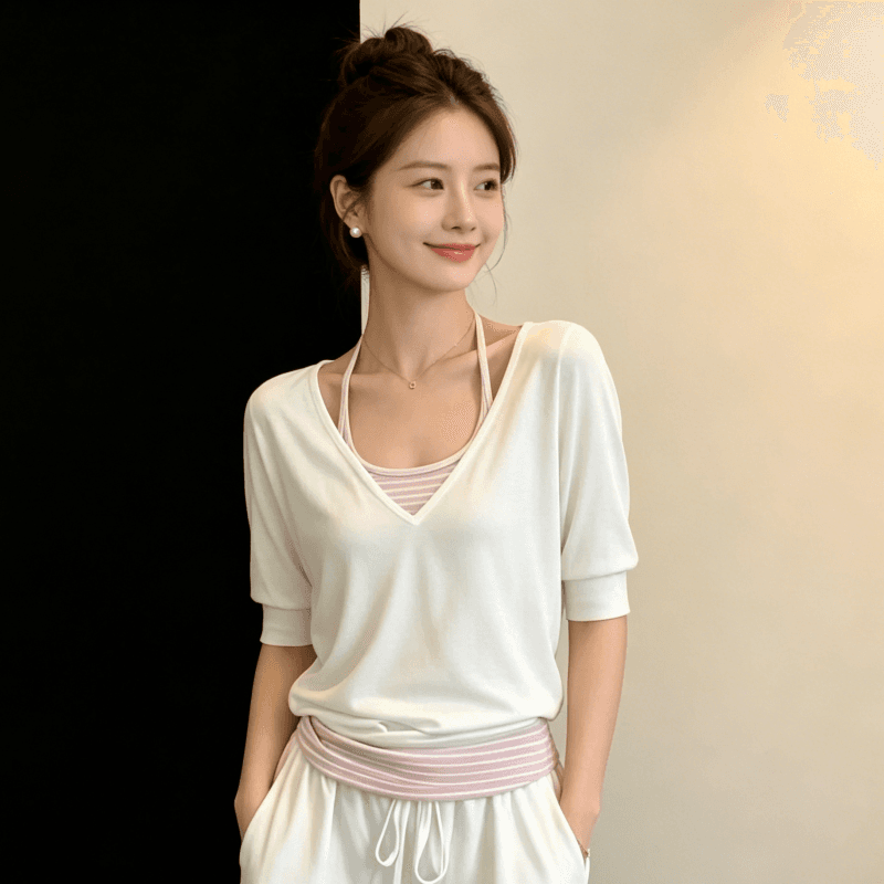 한 부서 느긋한 바람 투피스 세트 V넥 중간 소매 티셔츠 여성 여름 새로운 캐주얼 다용도 슬림해 보이는 자외선 차단 블라우스 맨위 상세 이미지 5
