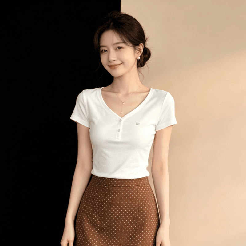 아메리칸 화이트 V넥 티셔츠 여성 여름 익스트림 제인 다용도 긍정적 인 어깨 반팔 몸매 가꾸기 슬림해 보이는 맨위 이미지 4