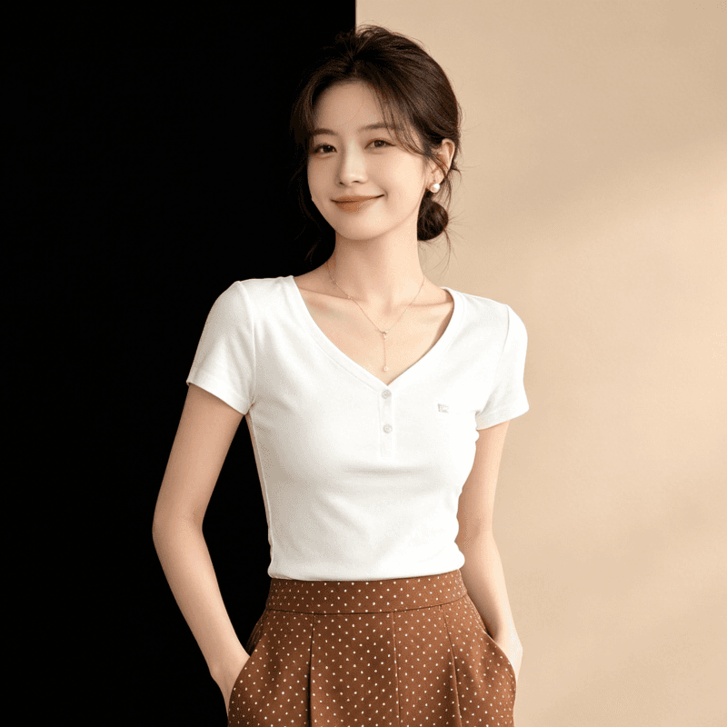 아메리칸 화이트 V넥 티셔츠 여성 여름 익스트림 제인 다용도 긍정적 인 어깨 반팔 몸매 가꾸기 슬림해 보이는 맨위 상세 이미지 2
