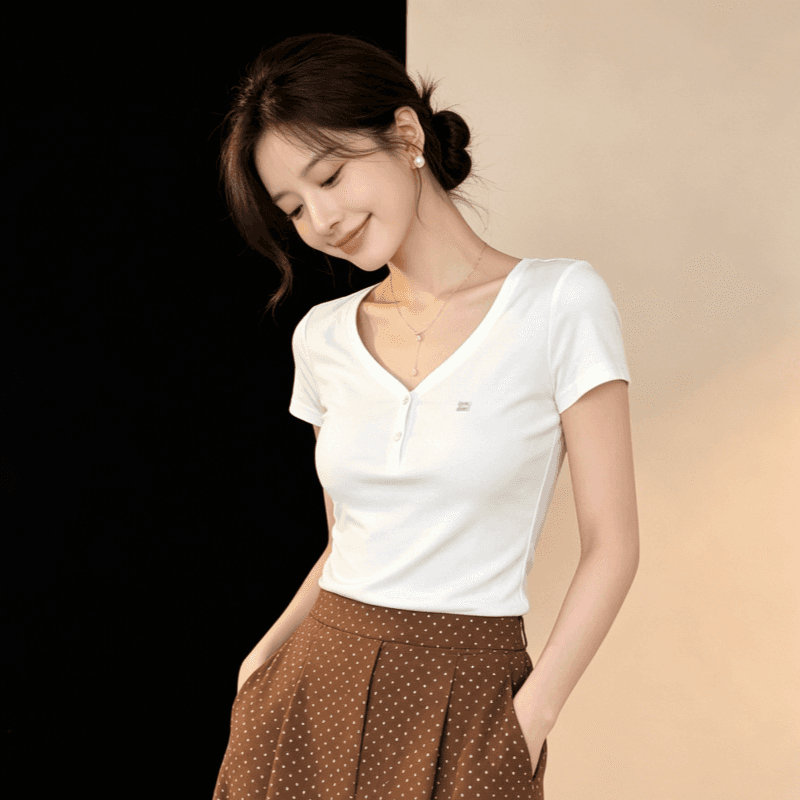 아메리칸 화이트 V넥 티셔츠 여성 여름 익스트림 제인 다용도 긍정적 인 어깨 반팔 몸매 가꾸기 슬림해 보이는 맨위 상세 이미지 5