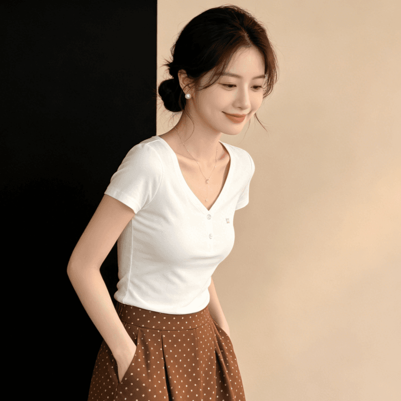 아메리칸 화이트 V넥 티셔츠 여성 여름 익스트림 제인 다용도 긍정적 인 어깨 반팔 몸매 가꾸기 슬림해 보이는 맨위 상세 이미지 6