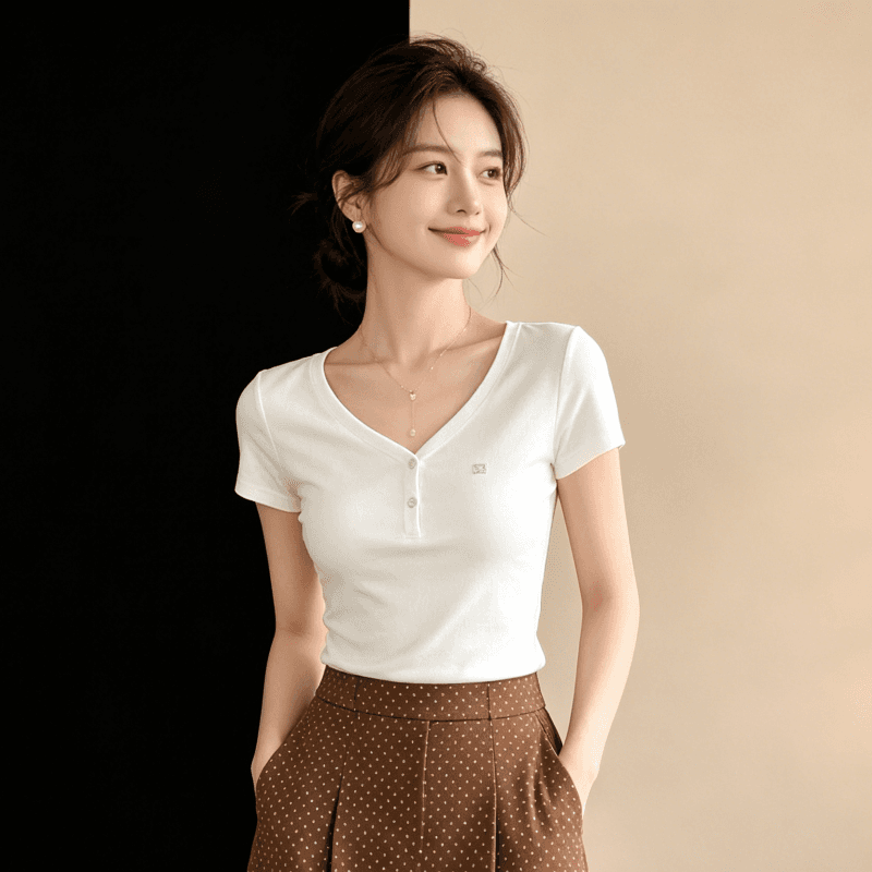 아메리칸 화이트 V넥 티셔츠 여성 여름 익스트림 제인 다용도 긍정적 인 어깨 반팔 몸매 가꾸기 슬림해 보이는 맨위 상세 이미지 7