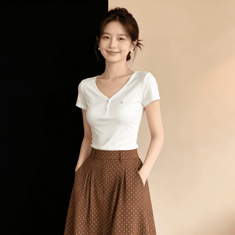 아메리칸 화이트 V넥 티셔츠 여성 여름 익스트림 제인 다용도 긍정적 인 어깨 반팔 몸매 가꾸기 슬림해 보이는 맨위 상세 이미지 8