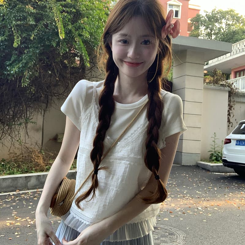 실사 2 2 인 면 260 그램 반팔 티셔츠 여름 2026 투피스 세트 몸매 가꾸기 쇼트 스타일 라운드 넥 맨위 한국 스타일 여성 의류 이미지 2