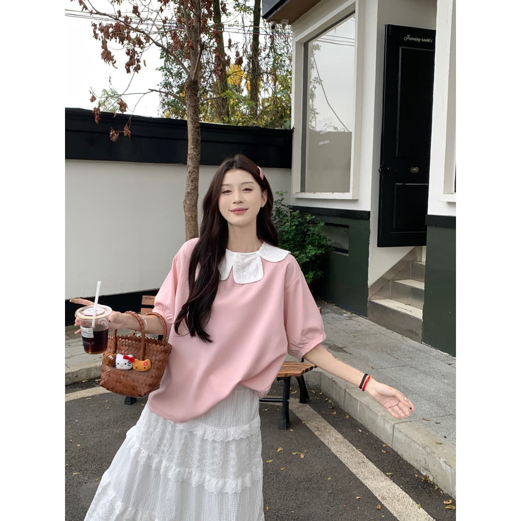 달콤함 레이스 꽃잎 칼라 핑크색 여성 셔츠 2026 봄 여름 새로운 디자인 센스 작은 대중 루즈핏 반팔 맨위 서비스 이미지 4