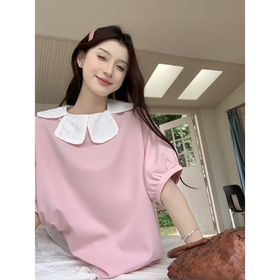 달콤함 레이스 꽃잎 칼라 핑크색 여성 셔츠 2026 봄 여름 새로운 디자인 센스 작은 대중 루즈핏 반팔 맨위 서비스 이미지 2