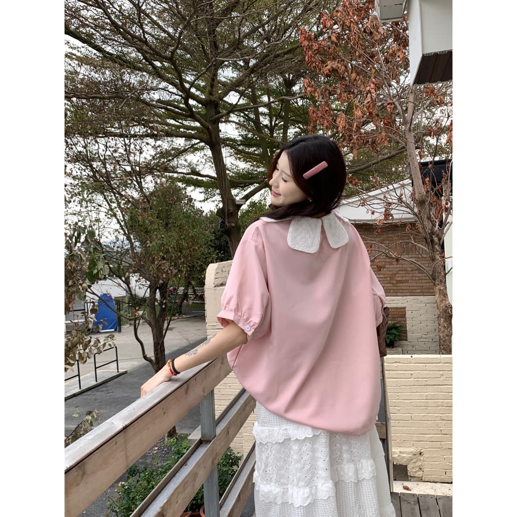달콤함 레이스 꽃잎 칼라 핑크색 여성 셔츠 2026 봄 여름 새로운 디자인 센스 작은 대중 루즈핏 반팔 맨위 서비스 이미지 5