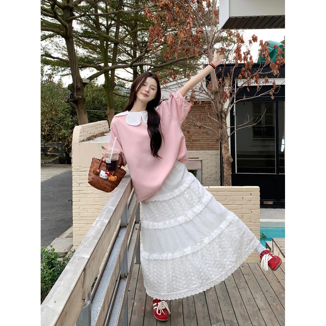 달콤함 레이스 꽃잎 칼라 핑크색 여성 셔츠 2026 봄 여름 새로운 디자인 센스 작은 대중 루즈핏 반팔 맨위 서비스 이미지 3