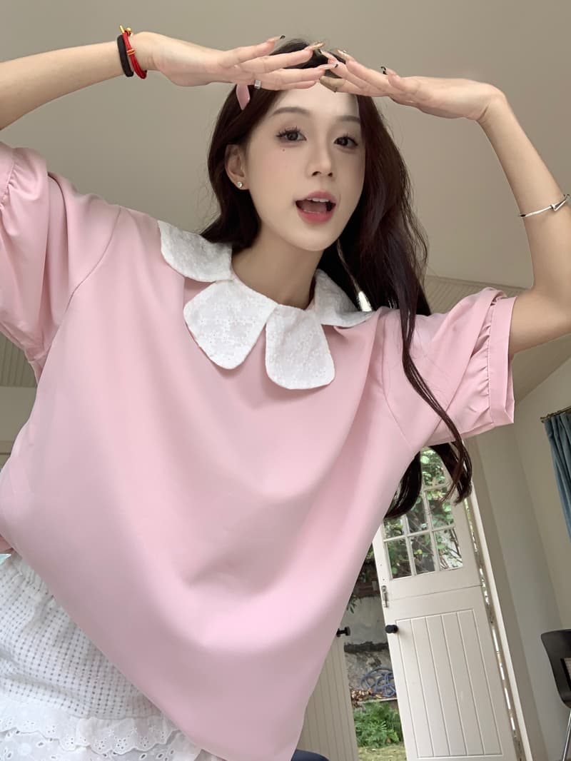 달콤함 레이스 꽃잎 칼라 핑크색 여성 셔츠 2026 봄 여름 새로운 디자인 센스 작은 대중 루즈핏 반팔 맨위 서비스 상세 이미지 2