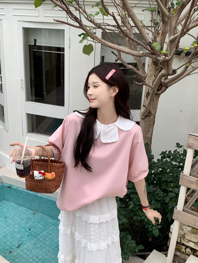 달콤함 레이스 꽃잎 칼라 핑크색 여성 셔츠 2026 봄 여름 새로운 디자인 센스 작은 대중 루즈핏 반팔 맨위 서비스 상세 이미지 3