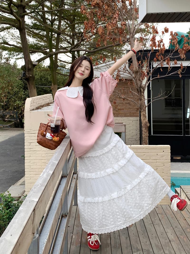 달콤함 레이스 꽃잎 칼라 핑크색 여성 셔츠 2026 봄 여름 새로운 디자인 센스 작은 대중 루즈핏 반팔 맨위 서비스 상세 이미지 4