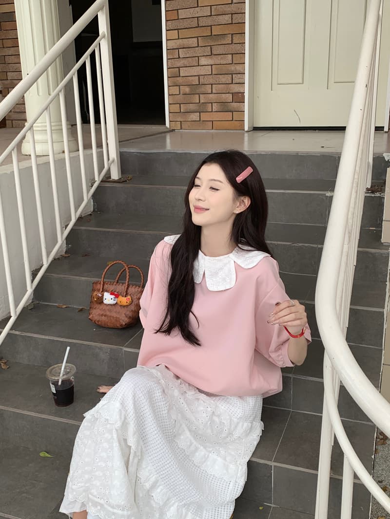 달콤함 레이스 꽃잎 칼라 핑크색 여성 셔츠 2026 봄 여름 새로운 디자인 센스 작은 대중 루즈핏 반팔 맨위 서비스 상세 이미지 9