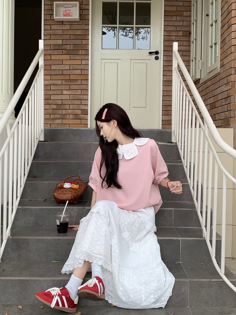 달콤함 레이스 꽃잎 칼라 핑크색 여성 셔츠 2026 봄 여름 새로운 디자인 센스 작은 대중 루즈핏 반팔 맨위 서비스 상세 이미지 10