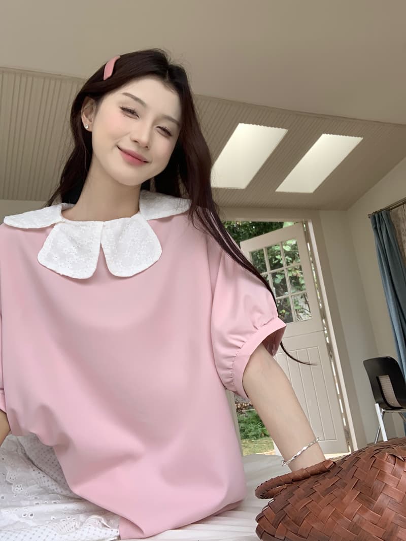 달콤함 레이스 꽃잎 칼라 핑크색 여성 셔츠 2026 봄 여름 새로운 디자인 센스 작은 대중 루즈핏 반팔 맨위 서비스 상세 이미지 12