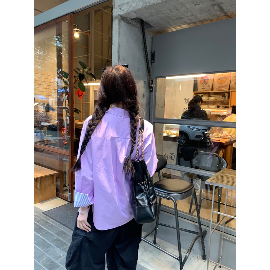 2026 봄 단색 긴팔 여성 셔츠 레트로 디자인 센스 작은 대중 루즈핏 다용도 셔츠 배색 맨위 재킷 이미지 3