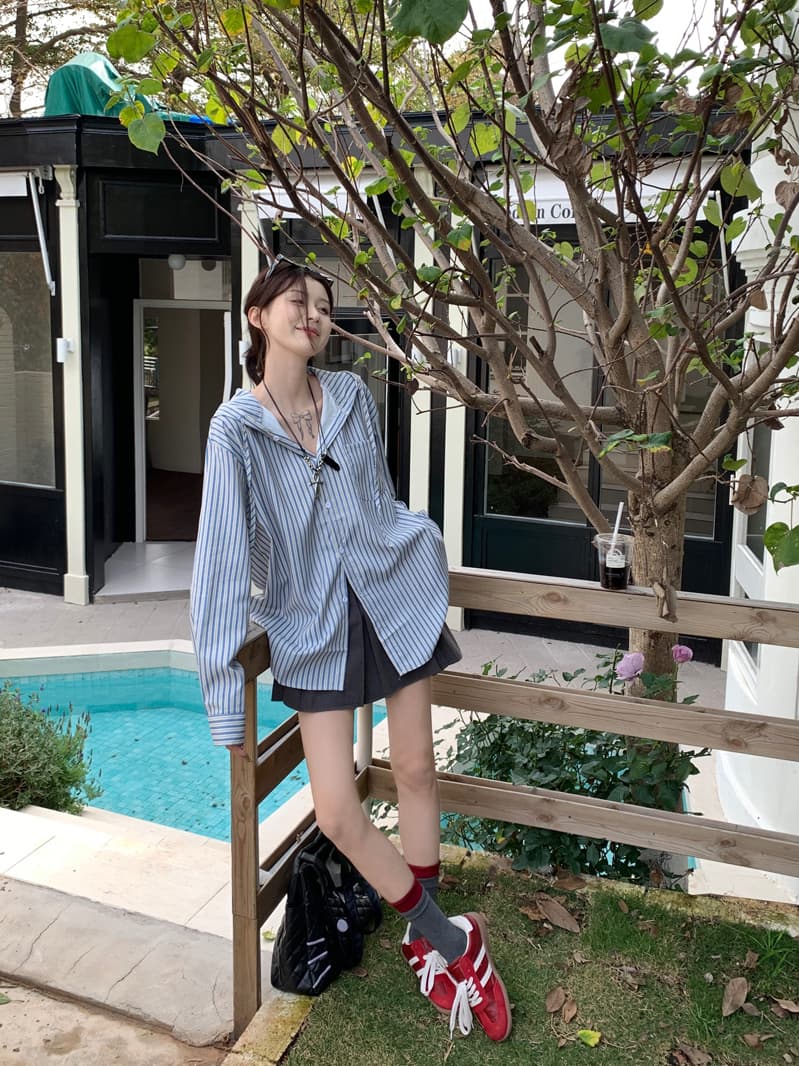 한 부서 레트로 느긋한 세로 줄무늬 후드 여성 셔츠 2025 봄 다용도 루즈핏 긴팔 맨위 자외선 차단 재킷 이미지 4