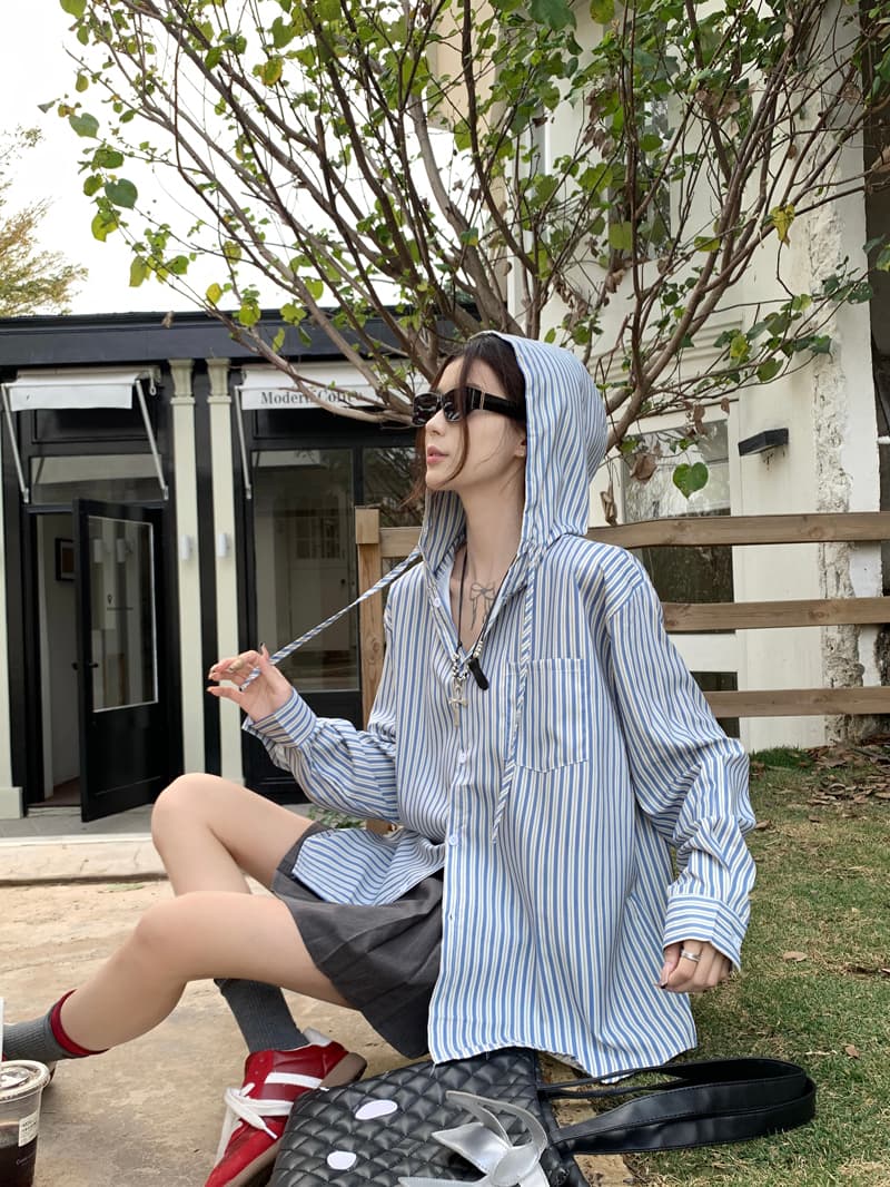 한 부서 레트로 느긋한 세로 줄무늬 후드 여성 셔츠 2025 봄 다용도 루즈핏 긴팔 맨위 자외선 차단 재킷 상세 이미지 7