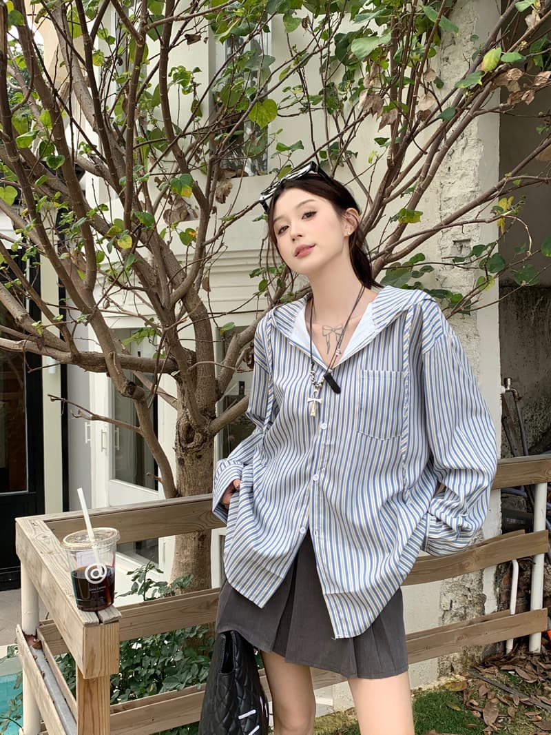 한 부서 레트로 느긋한 세로 줄무늬 후드 여성 셔츠 2025 봄 다용도 루즈핏 긴팔 맨위 자외선 차단 재킷 상세 이미지 9