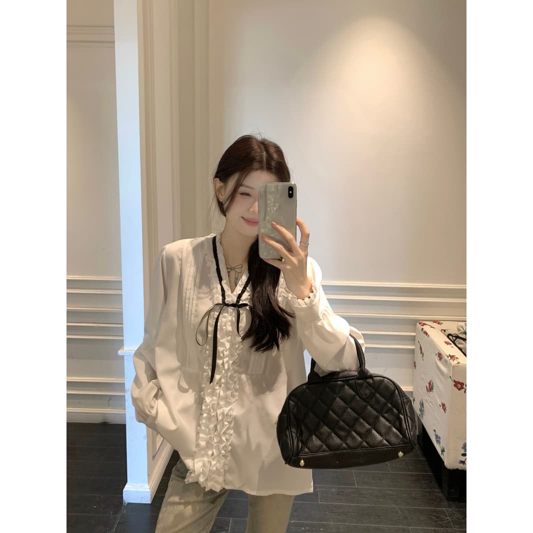프랑스식 레트로 천 금빛 바람 V넥 레이스업 나비 매듭 셔츠 여성 의류 긴팔 인사이드 가져 가라. 외출용 화이트 달콤함 맨위 이미지 2