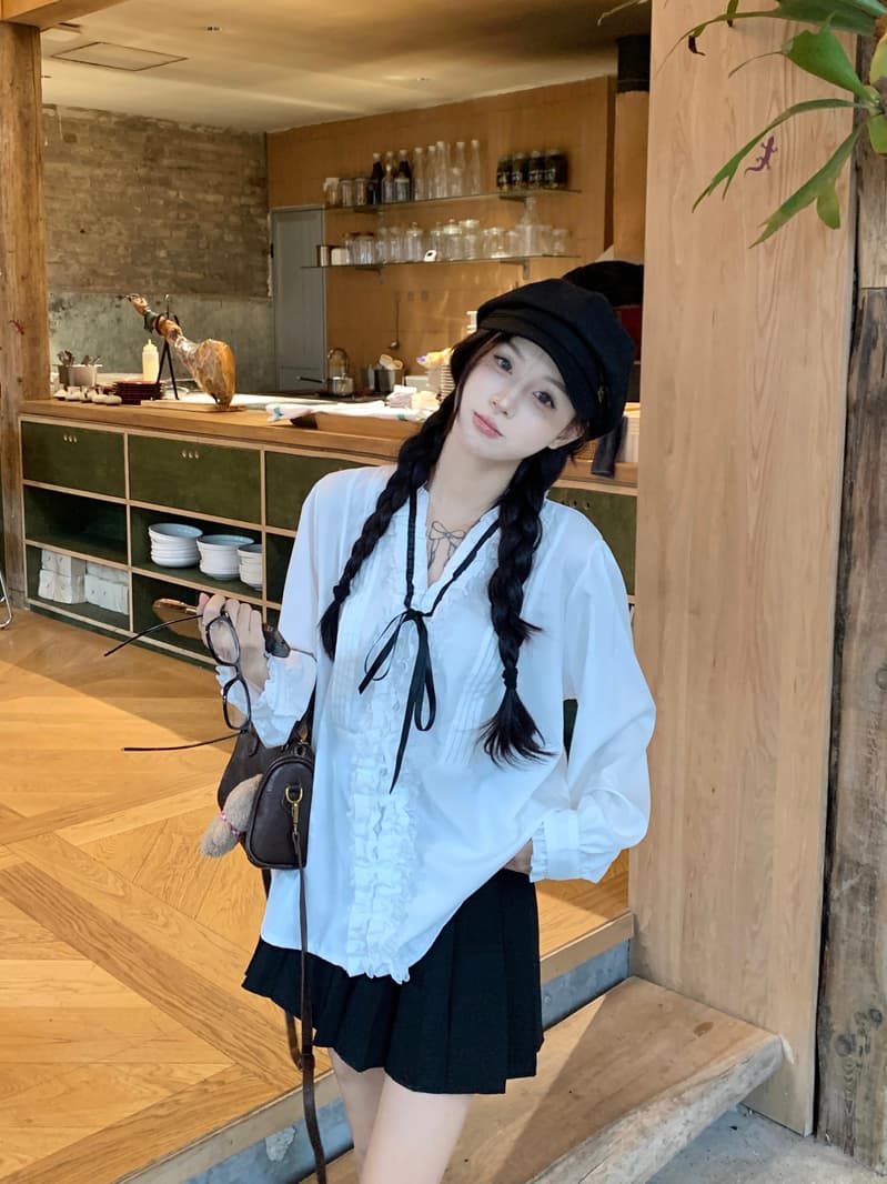프랑스식 레트로 천 금빛 바람 V넥 레이스업 나비 매듭 셔츠 여성 의류 긴팔 인사이드 가져 가라. 외출용 화이트 달콤함 맨위 상세 이미지 3