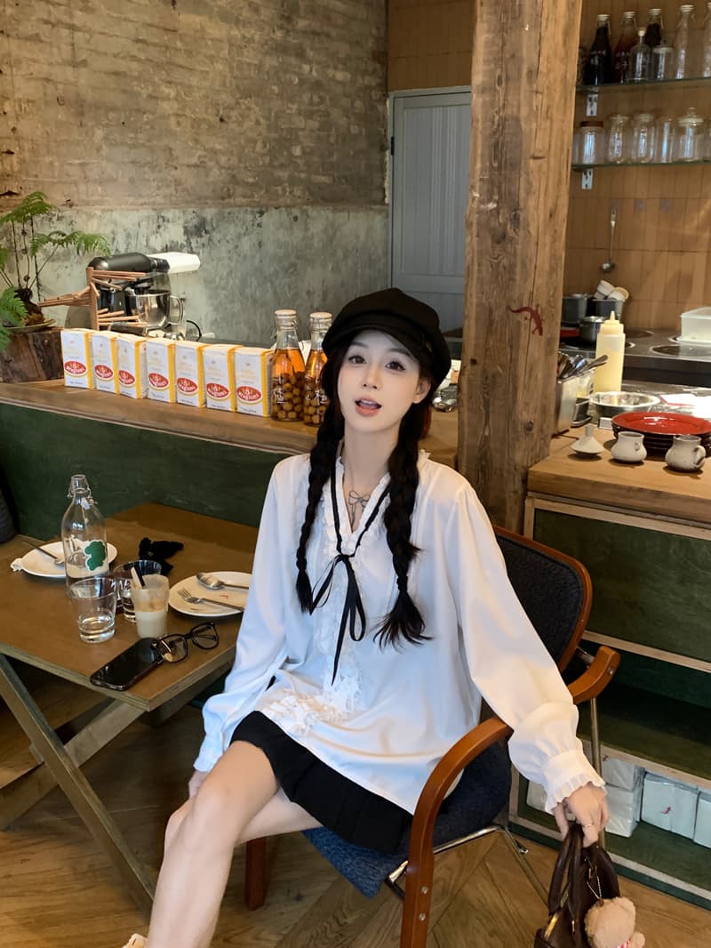 프랑스식 레트로 천 금빛 바람 V넥 레이스업 나비 매듭 셔츠 여성 의류 긴팔 인사이드 가져 가라. 외출용 화이트 달콤함 맨위 상세 이미지 9