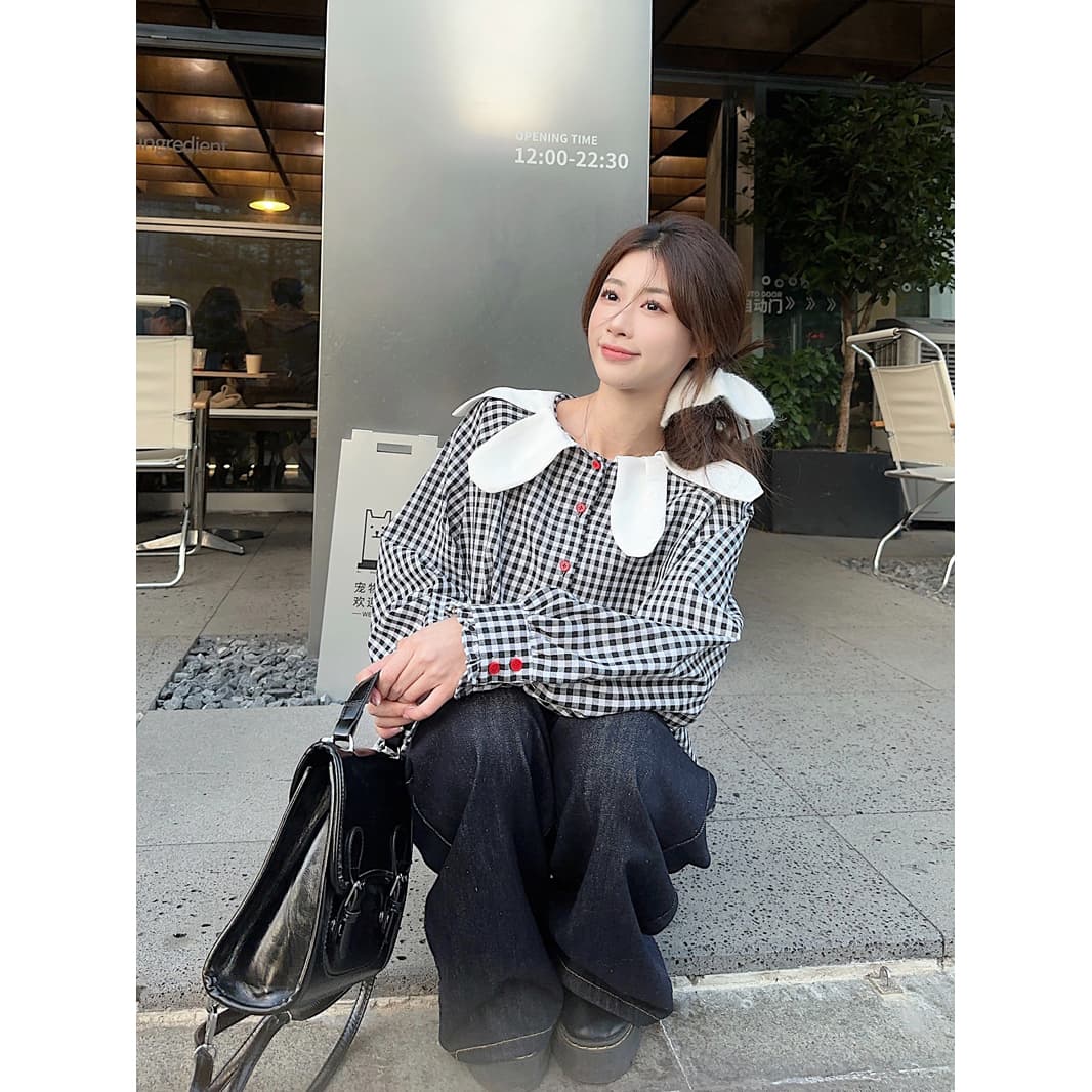 예술 꽃잎 칼라 디자인 센스 일본식 레트로 격자 무늬 셔츠 여성 의류 봄 새로운 작은 대중 Chic 스택 잡아라. 의류 이미지 5