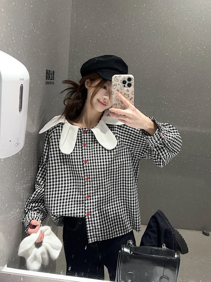 예술 꽃잎 칼라 디자인 센스 일본식 레트로 격자 무늬 셔츠 여성 의류 봄 새로운 작은 대중 Chic 스택 잡아라. 의류 상세 이미지 10