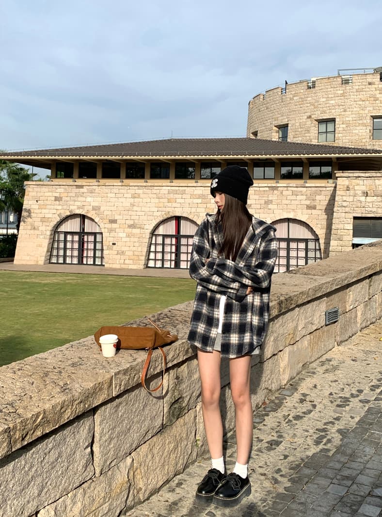한국 스타일 디자인 센스 캐주얼 후드 격자 무늬 셔츠 모직 여성 코트 가을 겨울철 느긋한 바람 루즈핏 긴팔 셔츠 상세 이미지 7