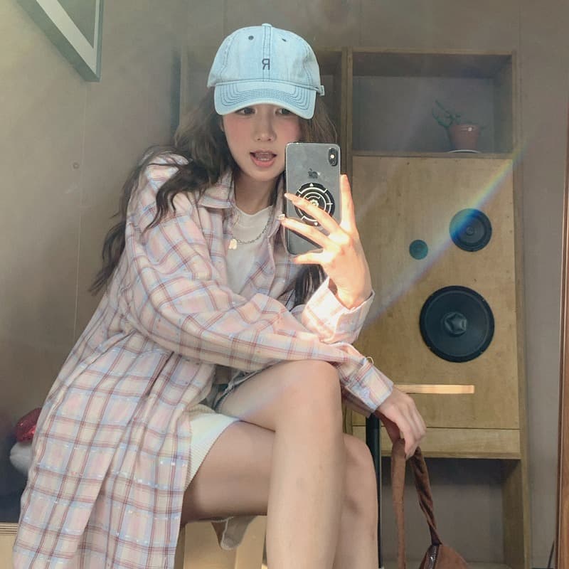 핑크색 체크무늬 POLO 칼라 긴팔 셔츠 여성 코트 봄 가을 2026 새로운 고급 센스 루즈핏 셔츠 맨위 이미지 5