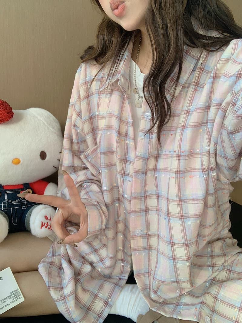 핑크색 체크무늬 POLO 칼라 긴팔 셔츠 여성 코트 봄 가을 2026 새로운 고급 센스 루즈핏 셔츠 맨위 상세 이미지 7