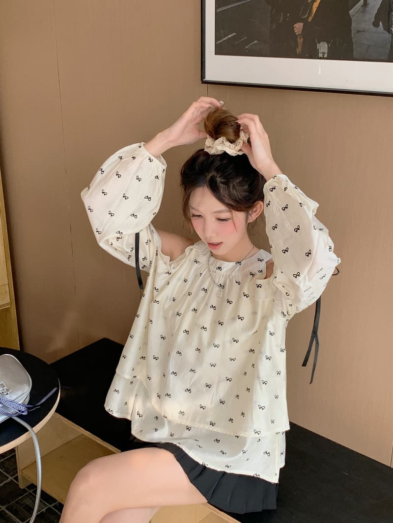 달콤함 소녀 센스 오프숄더 행침 목 맨위 한국 스타일 여름 가을 루즈핏 나비 매듭 프린트 긴팔 쇼트 스타일 셔츠 ins 상세 이미지 4
