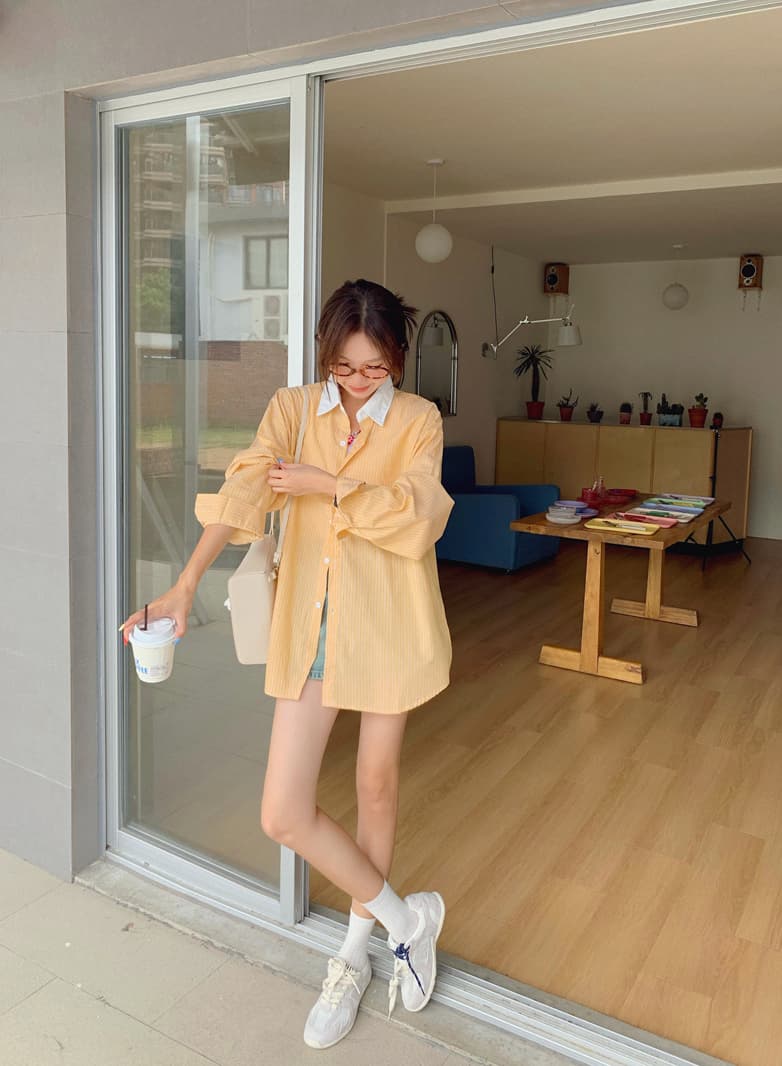 여름 배색 폴로 칼라 스트라이프 긴팔 여성 셔츠 2026 년 가을 얇은 스타일 스택 가져 가라. POLO 칼라 맨위 재킷 트렌디 상세 이미지 8