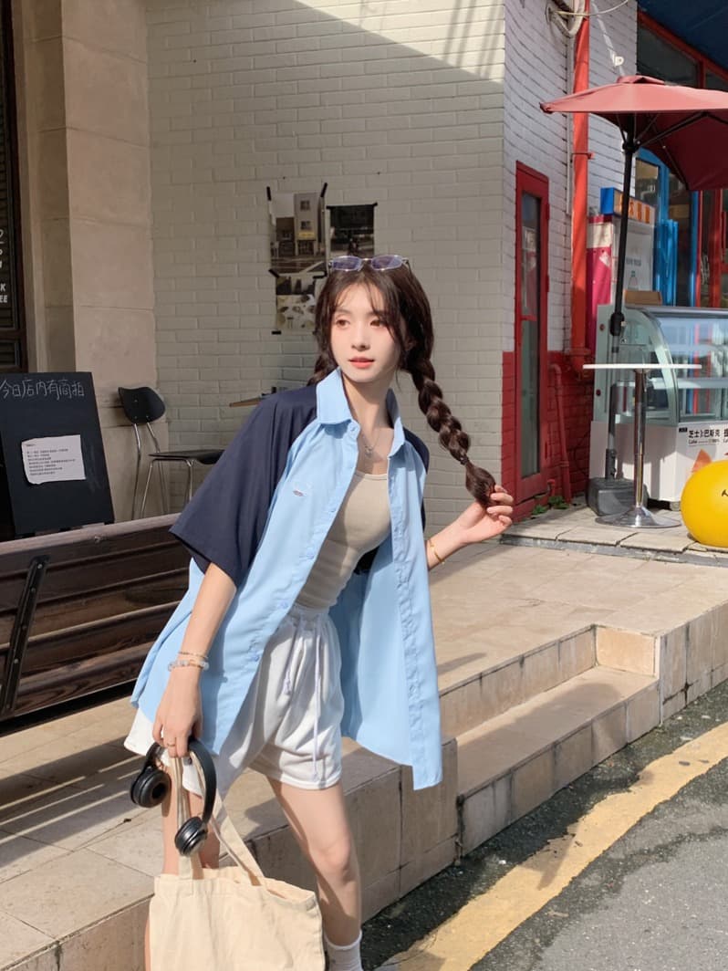 여름 낮음 포화 상태 색상 시스템 레트로 삽입 어깨 반팔 여성 셔츠 2026 년 커플 다용도 자수 POLO 칼라 맨위 이미지 4