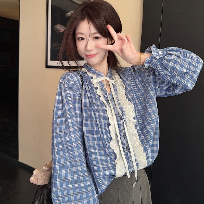 프랑스식 벌룬 소매 레이스업 블루 체크무늬 여성 셔츠 루즈핏 레이스 조각 품격 V넥 긴팔 맨위 2026 봄 이미지 5