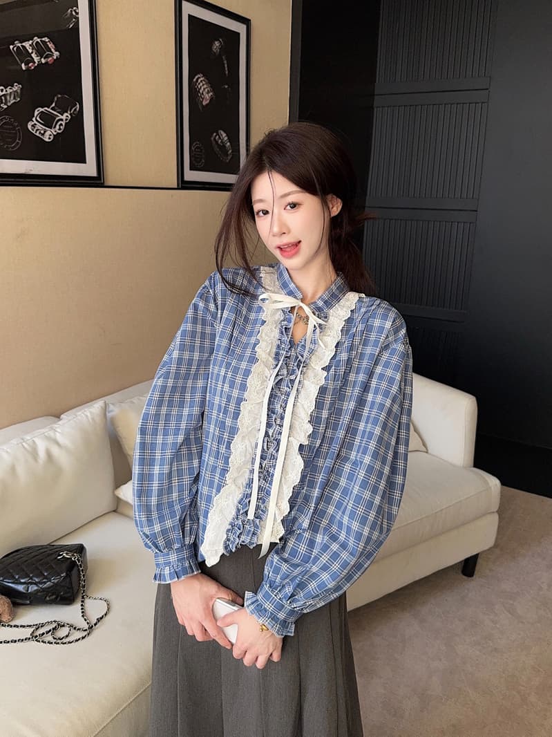 프랑스식 벌룬 소매 레이스업 블루 체크무늬 여성 셔츠 루즈핏 레이스 조각 품격 V넥 긴팔 맨위 2026 봄 상세 이미지 2