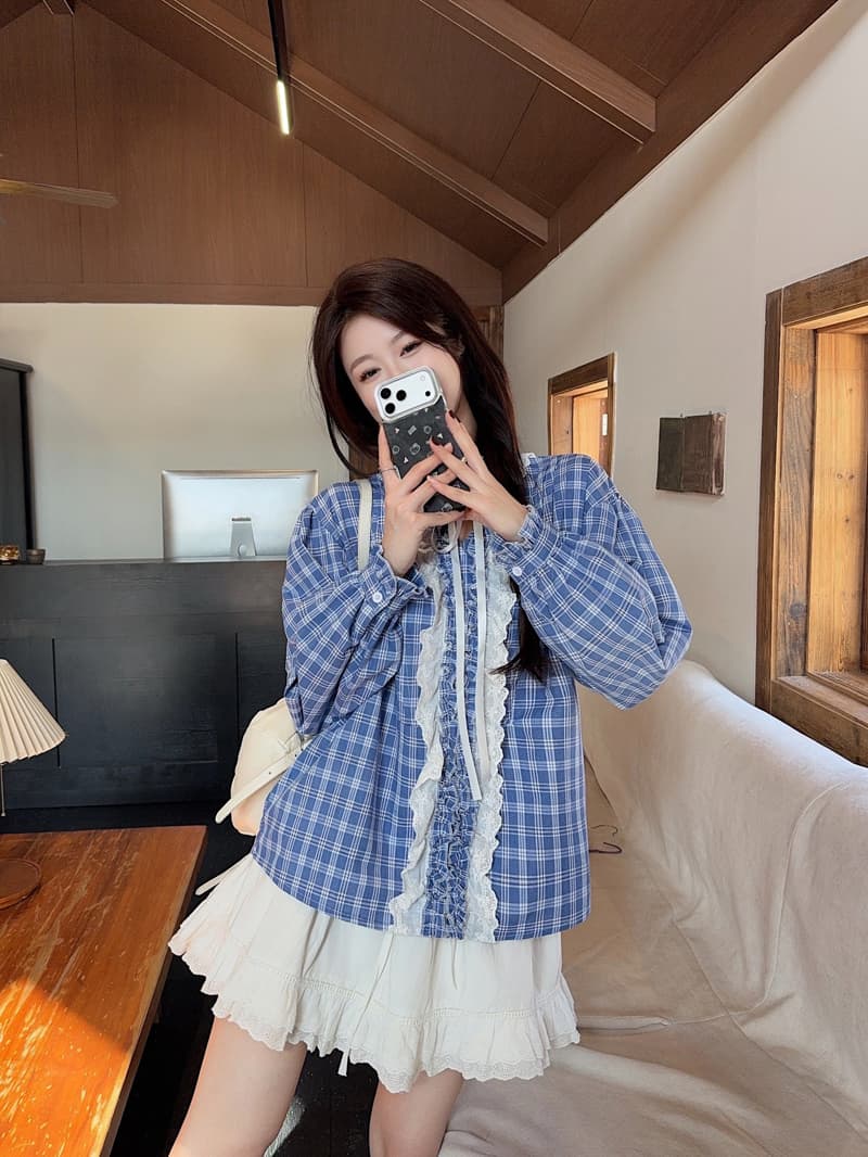 프랑스식 벌룬 소매 레이스업 블루 체크무늬 여성 셔츠 루즈핏 레이스 조각 품격 V넥 긴팔 맨위 2026 봄 상세 이미지 7