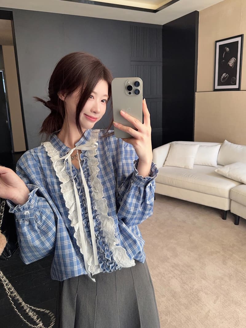 프랑스식 벌룬 소매 레이스업 블루 체크무늬 여성 셔츠 루즈핏 레이스 조각 품격 V넥 긴팔 맨위 2026 봄 상세 이미지 12