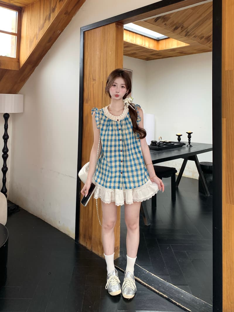 한 부서 달콤함 꽃무늬 레이스 조각 조끼 여성 셔츠 2026 여름 프랑스식 작은 날다 소매 체크무늬 어깨 맨위 상세 이미지 5